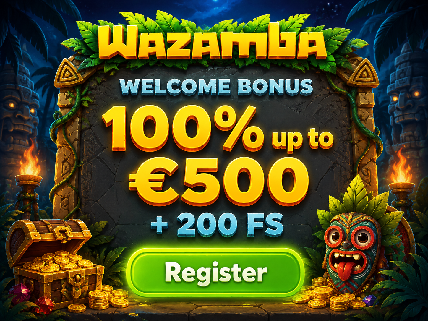 Illustrazione di un forziere del tesoro che rappresenta il bonus di benvenuto Wazamba e i giri gratuiti in Italia