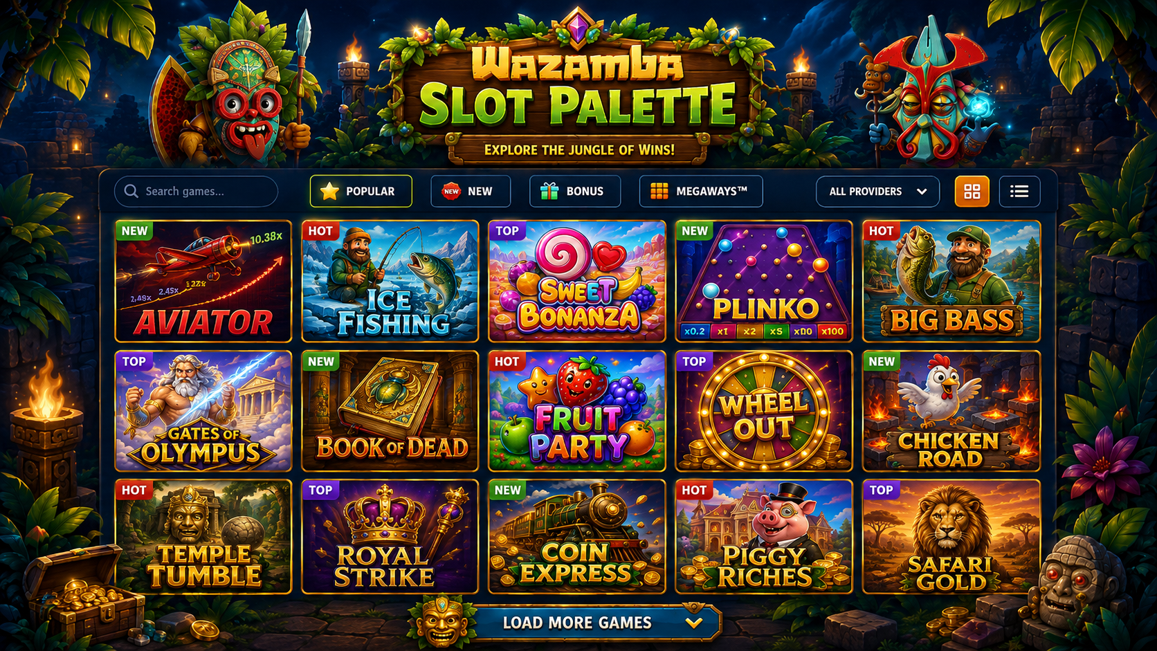 Griglia stilizzata di tile di slot e giochi live Wazamba