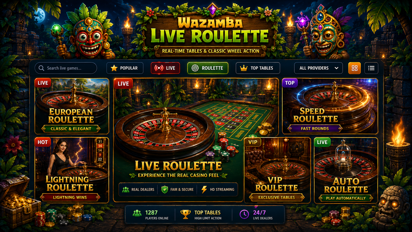 Illustrazione di una ruota della roulette live e carte da gioco che rappresentano il casinò live di Wazamba